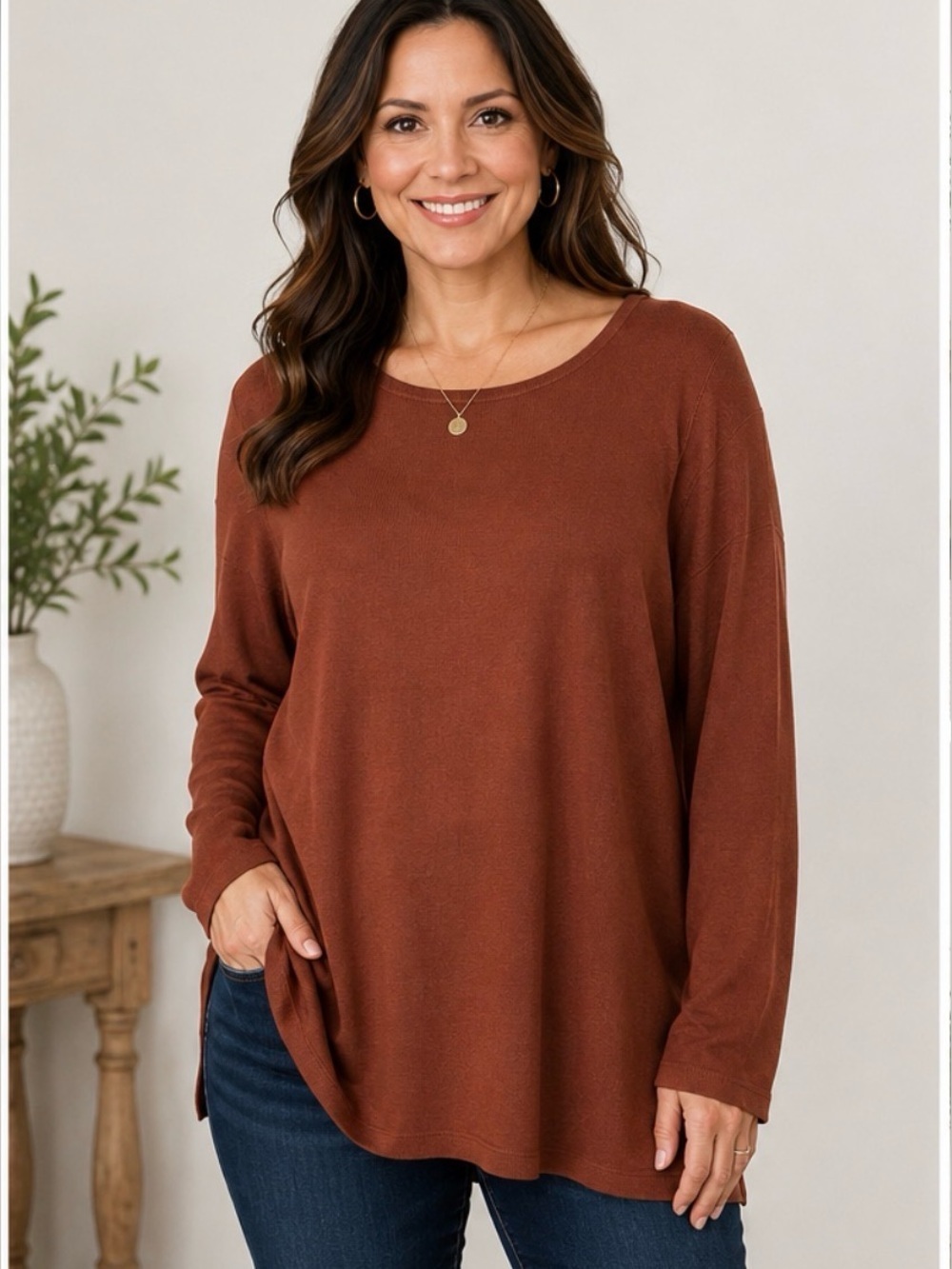 Whisper Knit by Louis Dell’Olio Lightweight Tunic Top 2X Brown minimalist